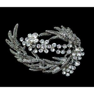 Vintage Floral Elven Fairycore Silver Tone Brooch With Rhinestone Accents